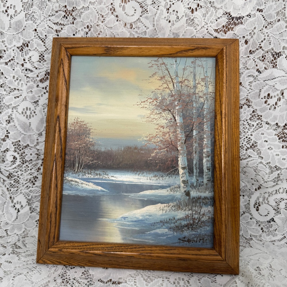 Santini Signed Winter Landscape Oil Painting Birch Trees Framed 8x10 Canvas Art